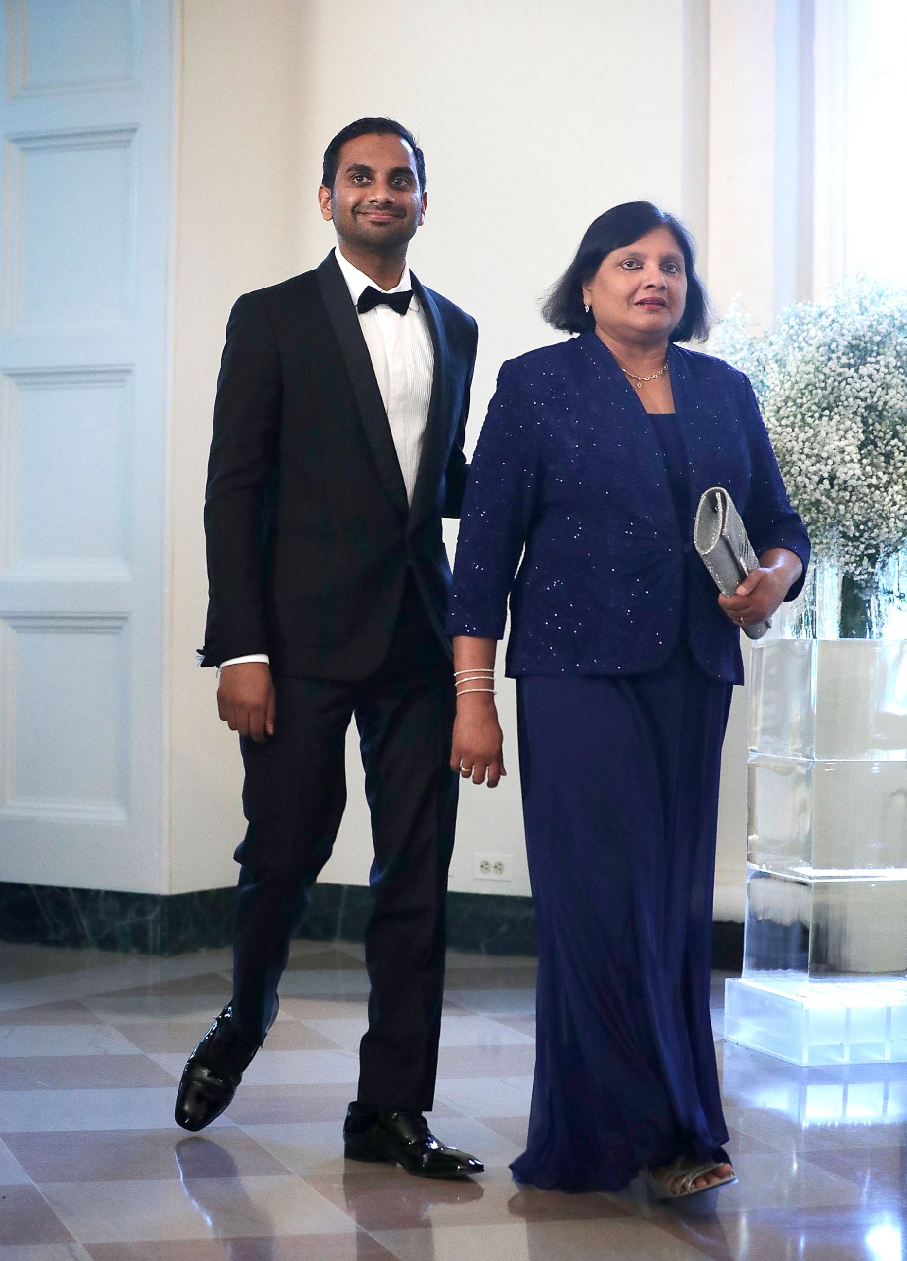 PHOTO: Aziz Ansari and his mother Fatima arrive at the Nordic State Dinner, May 13, 2016, at the White House. 