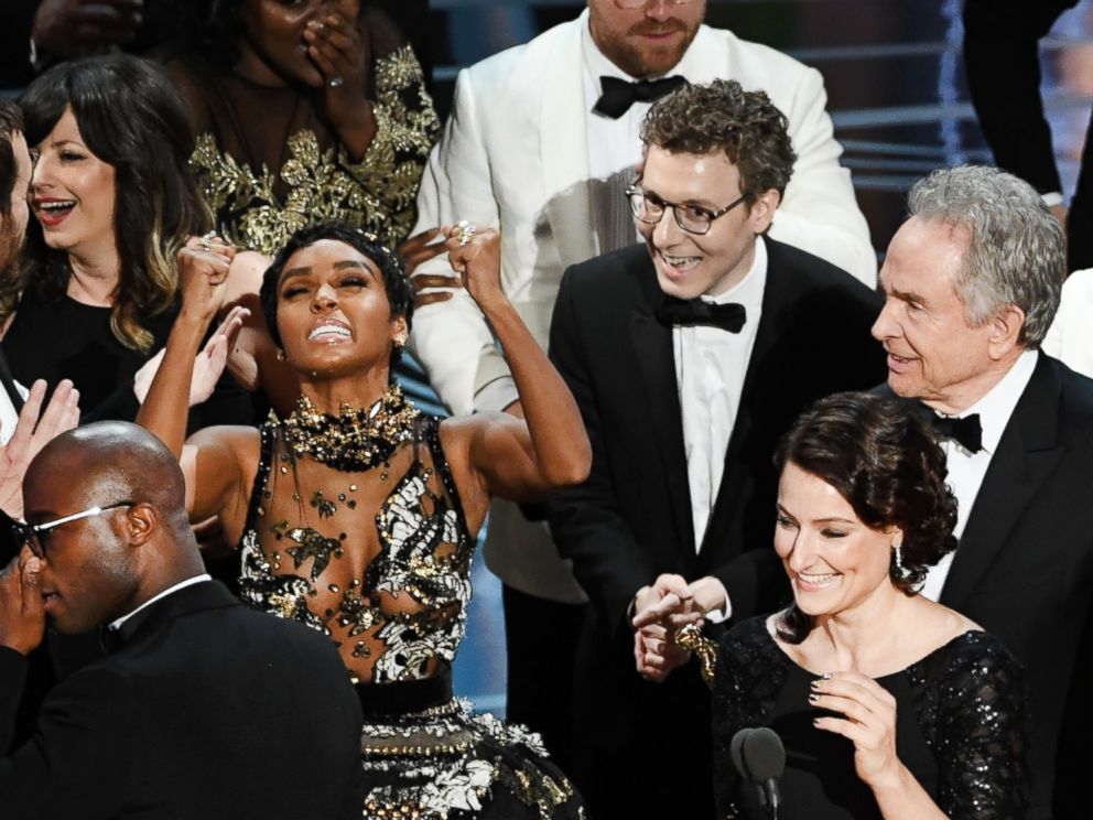 PHOTO: Producer Adele Romanski, writer/director Barry Jenkins, producer Jeremy Kleiner and cast and crew members accept Best Picture for "Moonlight" during the 89th Annual Academy Awards, Feb. 26, 2017 in Hollywood, Calif.