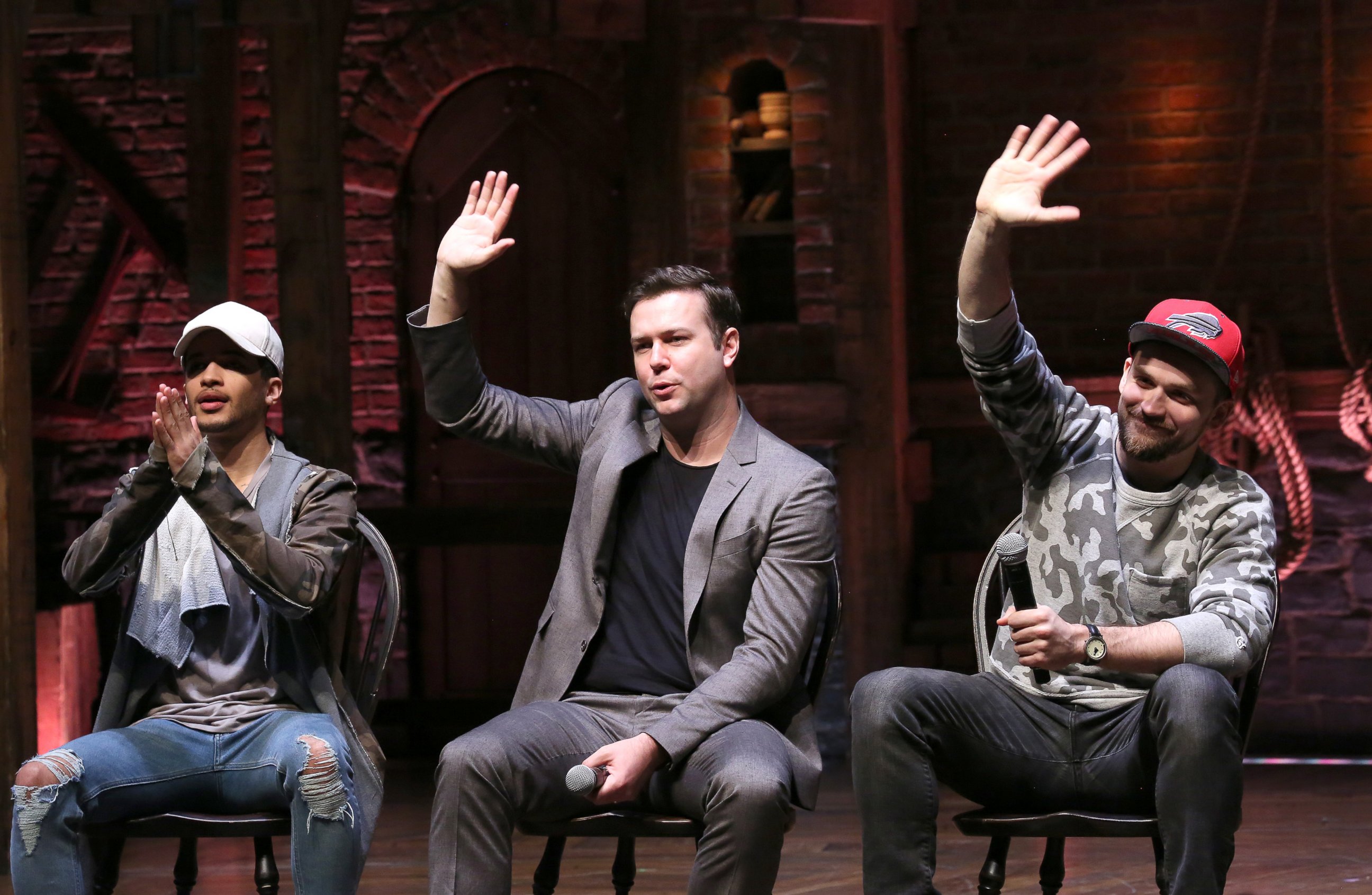 PHOTO: Jordan Fisher, Taran Killam and Neil Haskell greet students during a cast Q & A before a High School student matinee performance of "Hamilton" at the Richard Rodgers Theatre, Feb. 8, 2017, in New York.