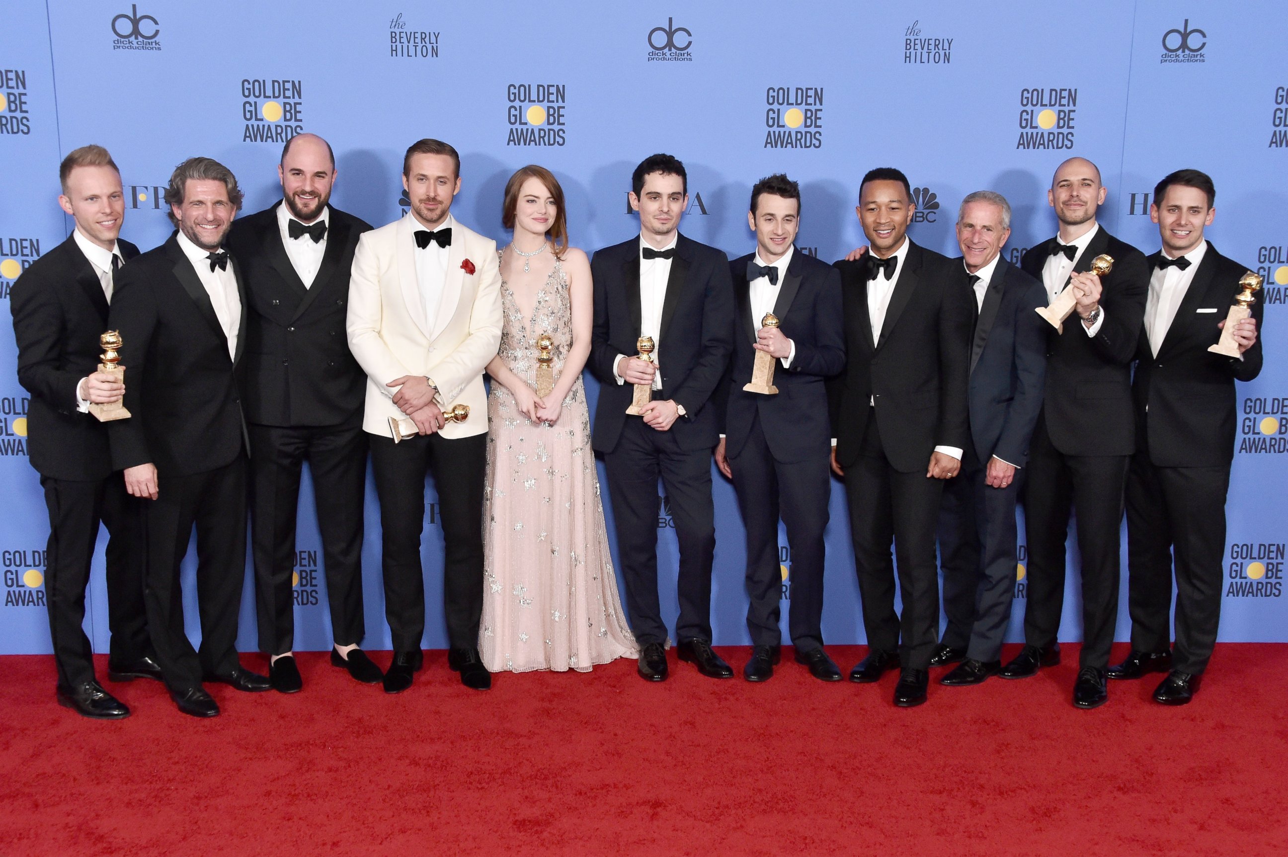 PHOTO: The cast and crew of "La La Land," winners of Best Motion Picture - Musical or Comedy, pose in the press room during the 74th Annual Golden Globe Awards at The Beverly Hilton Hotel, Jan. 8, 2017 in Beverly Hills, California. 