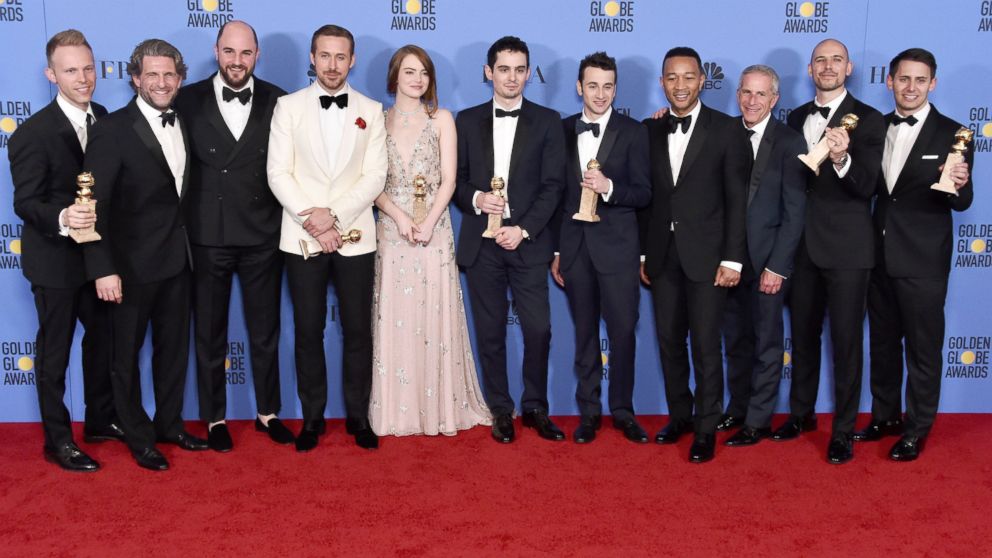 PHOTO: The cast and crew of "La La Land," winners of Best Motion Picture - Musical or Comedy, pose in the press room during the 74th Annual Golden Globe Awards at The Beverly Hilton Hotel, Jan. 8, 2017 in Beverly Hills, California. 