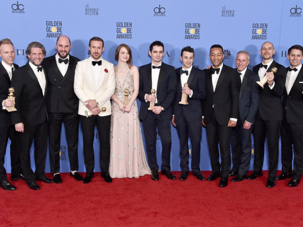 PHOTO: The cast and crew of La La Land, winners of Best Motion Picture - Musical or Comedy, pose in the press room during the 74th Annual Golden Globe Awards at The Beverly Hilton Hotel, Jan. 8, 2017 in Beverly Hills, California.