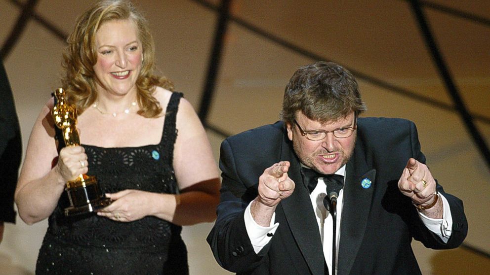PHOTO: Filmmaker Michael Moore spoke out against President George W. Bush and the war in Iraq while accepting his Oscar for "Bowling for Columbine" during the 75th Academy Awards in Hollywood, Calif., March 23, 2003.