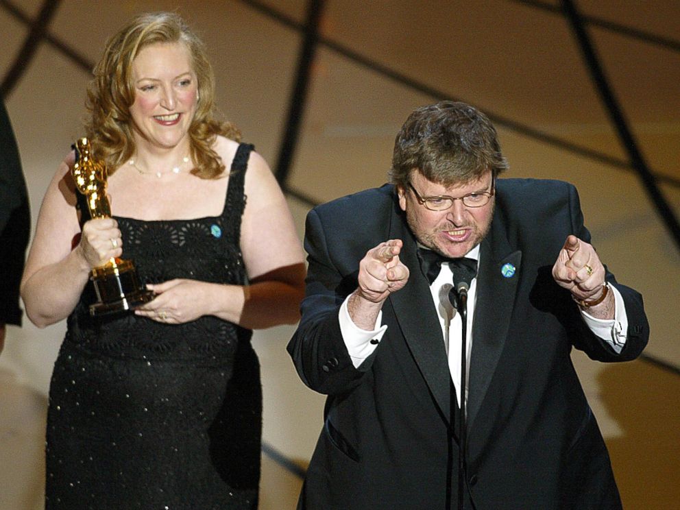 PHOTO: Filmmaker Michael Moore spoke out against President George W. Bush and the war in Iraq while accepting his Oscar for Bowling for Columbine during the 75th Academy Awards in Hollywood, Calif., March 23, 2003.