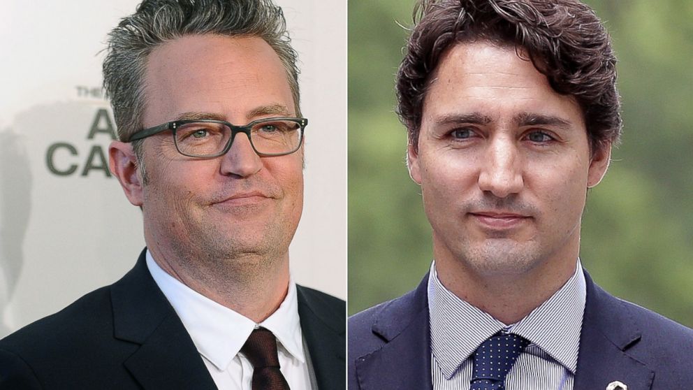 Left, actor Matthew Perry at a premiere in Beverly Hills, Calif,  March 2017 and right, Canadian Prime Minister Justin Trudeau in Japan in March 2017. 
