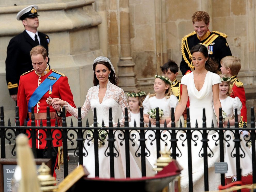 PHOTO: Prince William Duke of Cambridge (L) and Catherine Duchess of Cambridge (2nd to L) exit Westminster Abbey after their Royal Wedding followed by Maid of Honour Pippa Middleton and Best Man Prince Harry, April 29, 2011, in London.