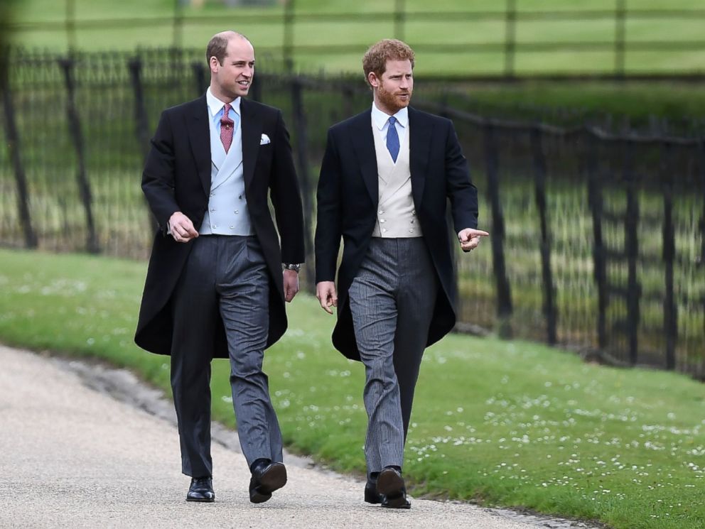 PHOTO: Prince Harry and Prince William, Duke of Cambridge walk to the church for the wedding of Pippa Middleton and James Matthews at St Marks Church in Englefield, west of London, on May 20, 2017.