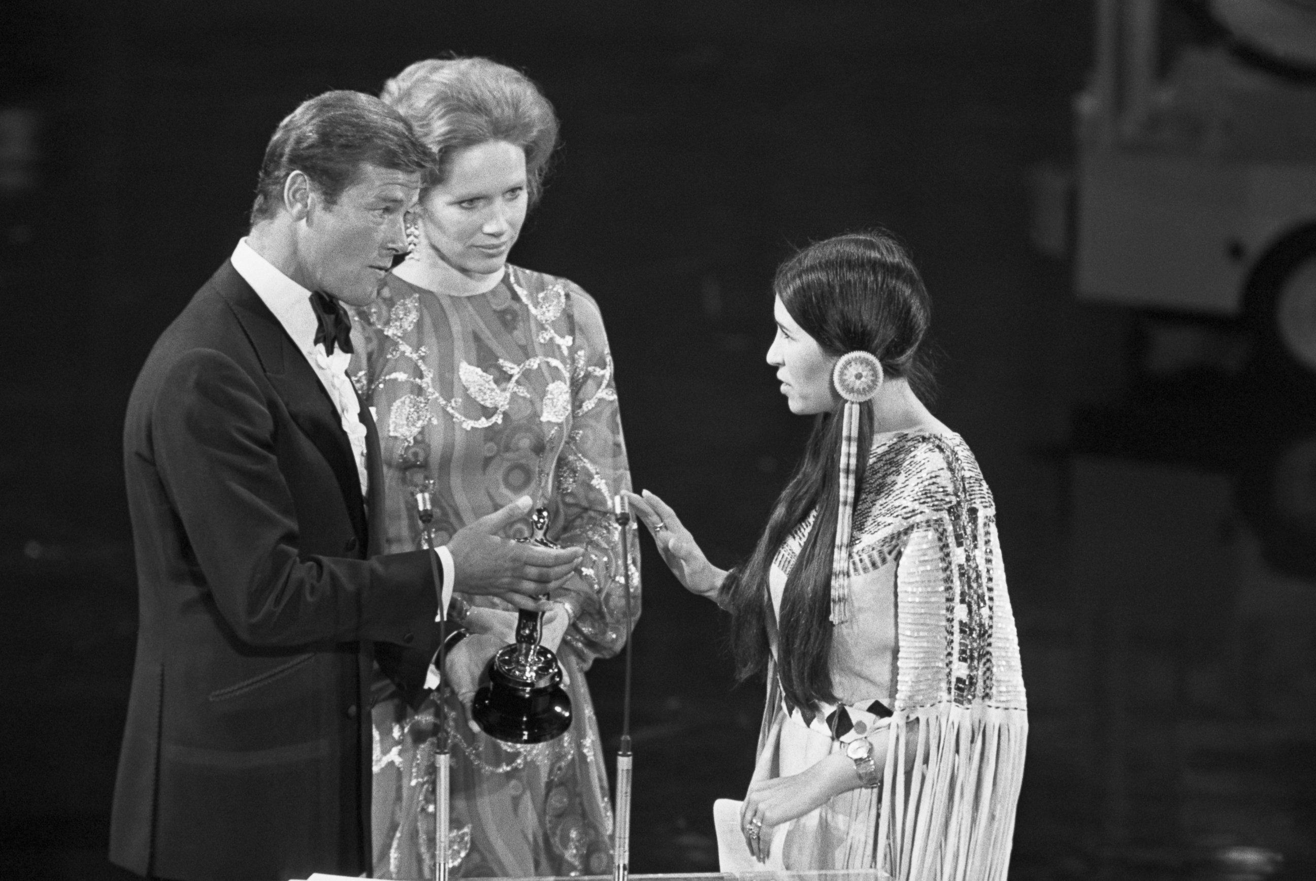 PHOTO: At the 1973 Academy Awards ceremony, Sacheen Littlefeather refuses the award for Best Actor on behalf of Marlon Brando who won for his role in "The Godfather."