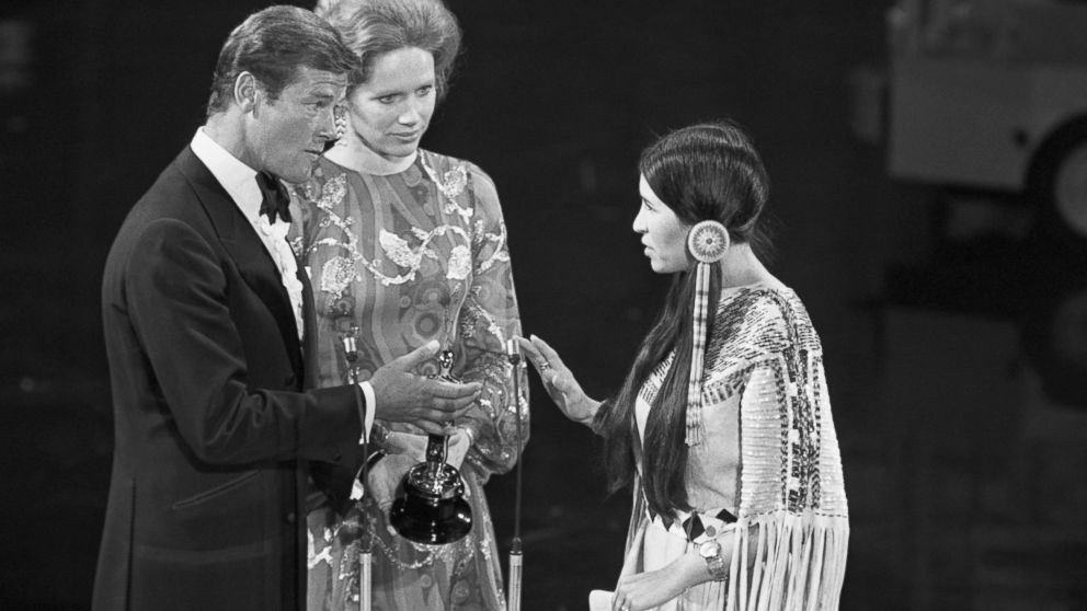 PHOTO: At the 1973 Academy Awards ceremony, Sacheen Littlefeather refuses the award for Best Actor on behalf of Marlon Brando who won for his role in "The Godfather."