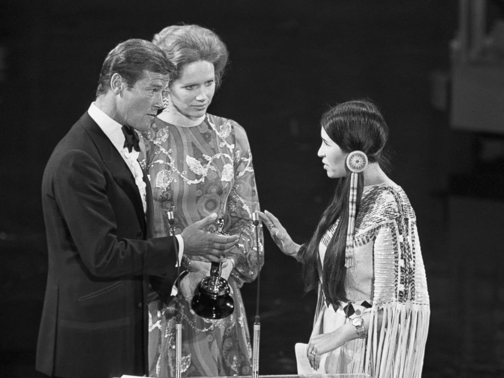 PHOTO: At the 1973 Academy Awards ceremony, Sacheen Littlefeather refuses the award for Best Actor on behalf of Marlon Brando who won for his role in The Godfather.