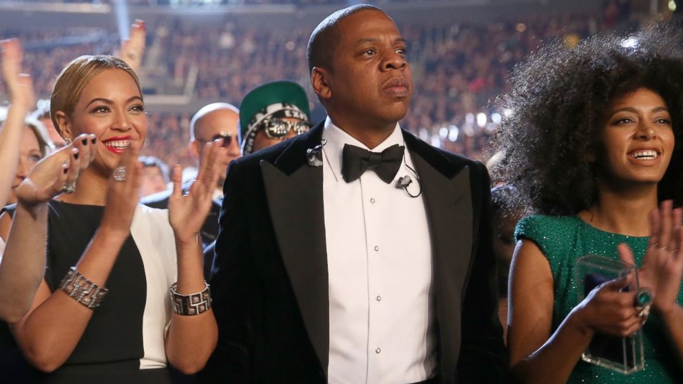 Singer Beyonce, left, rapper Jay-Z, center, and singer Solange Knowles attend the 55th Annual Grammy Awards at Staples Center, Feb. 10, 2013 in Los Angeles, California.