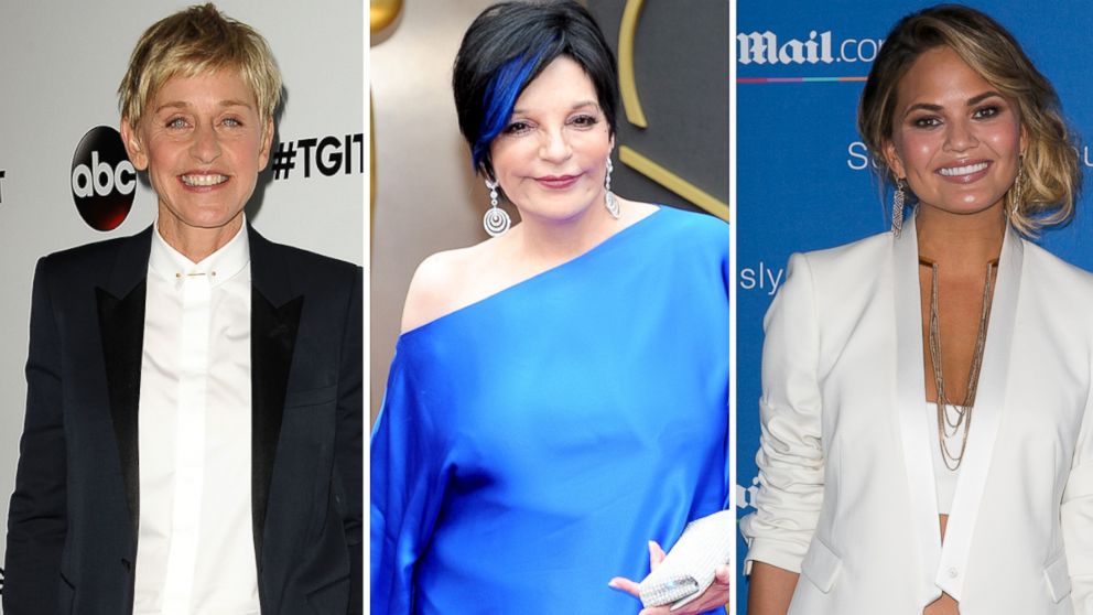 Ellen DeGeneres attends the #TGIT premiere event in this file photo, Sept. 20, 2014 in Calif. Center, Liza Minnelli attends the Oscars in this file photo, March 2, 2014. Chrissy Teigen attends a party in this file photo, June 24, 2015, in France.