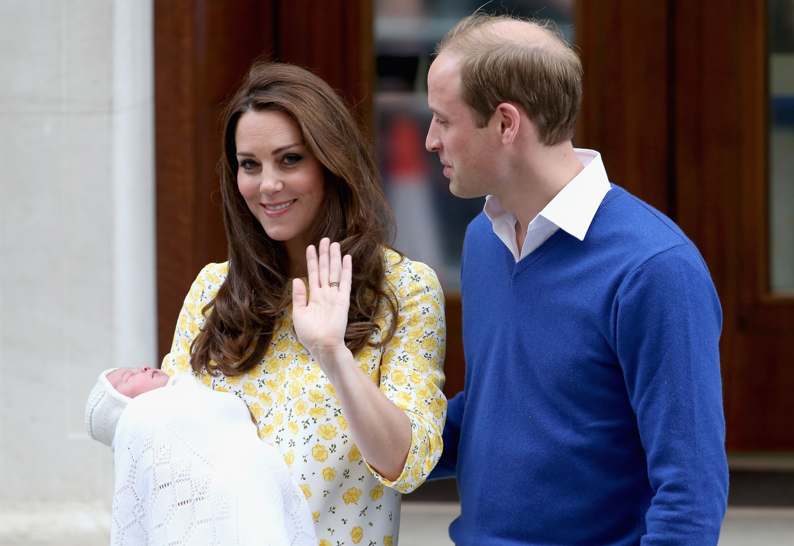 PHOTO: Catherine, Duchess of Cambridge and Prince William, Duke of Cambridge depart the Lindo Wing with their newborn daughter at St Mary's Hospital on May 2, 2015 in London. 