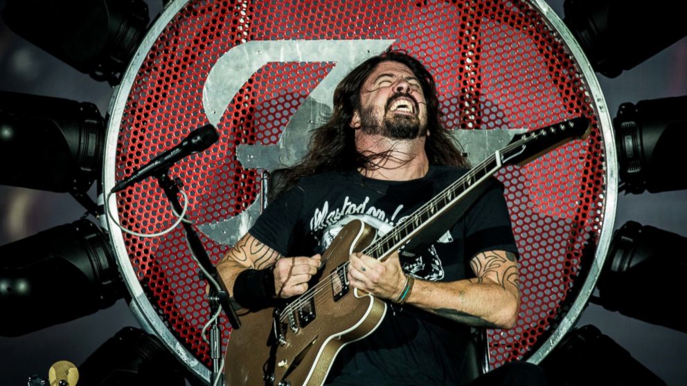 Dave Grohl of the  Foo Fighters pictured on stage as he performs live at Unipol Arena Bologna. 