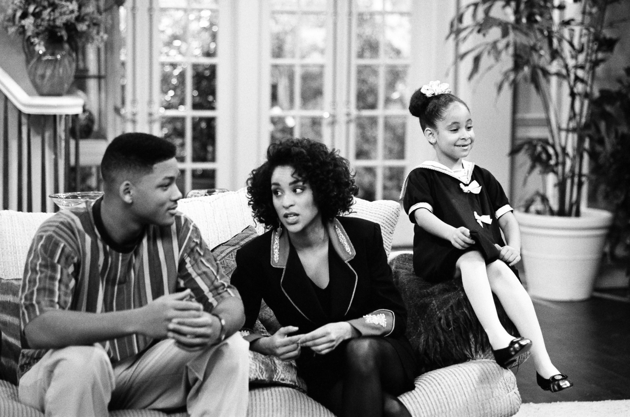 PHOTO: From the left, Will Smith as William 'Will' Smith, Karyn Parsons as Hilary Banks, Raven-Symone as Claudia  in "The Fresh Prince of Bel-Air."