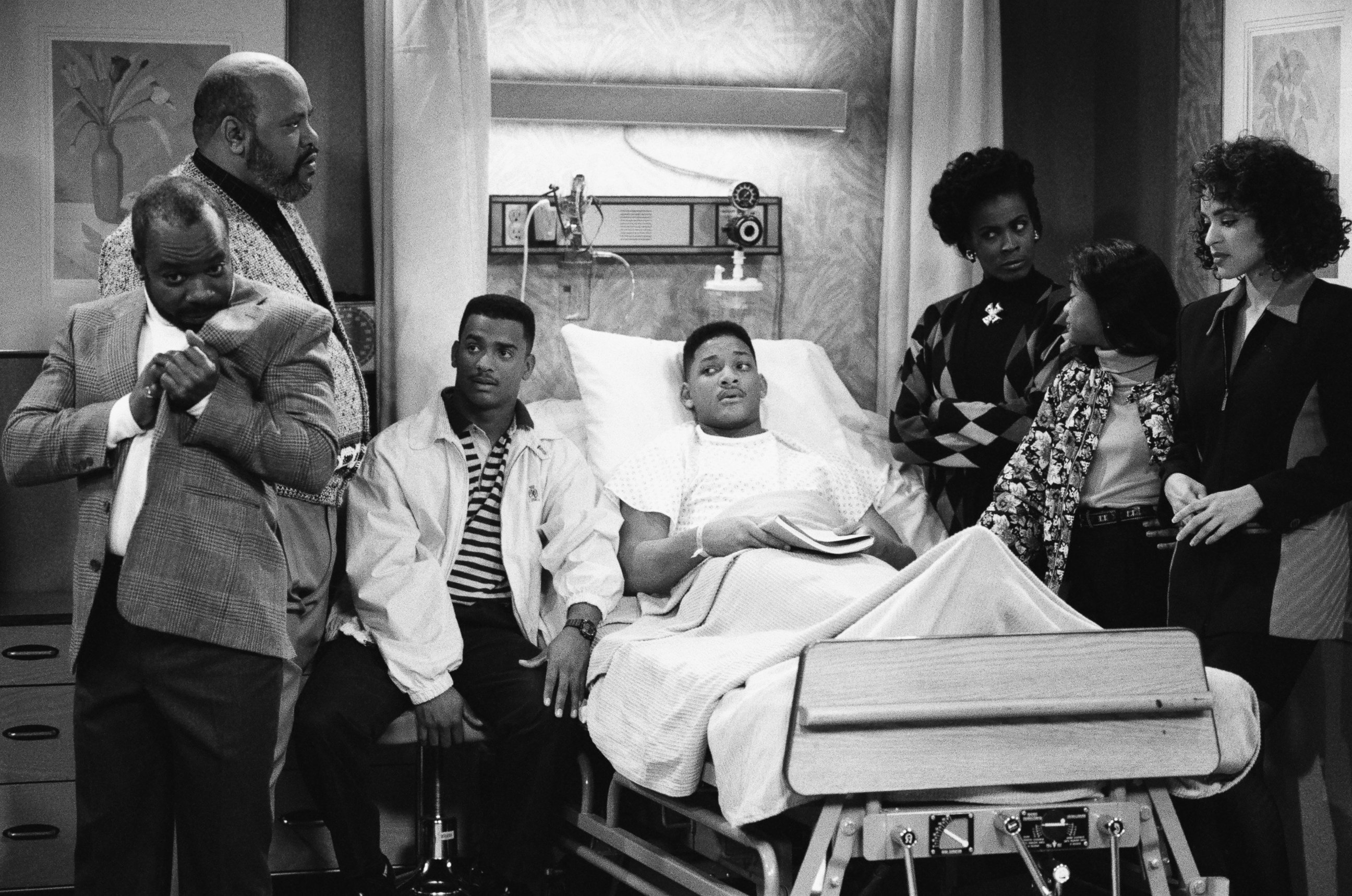 PHOTO: From the left, Joseph Marcell as Geoffrey, James Avery as Philip Banks, Alfonso Ribeiro as Carlton Banks, Will Smith as William 'Will' Smith, Janet Hubert as Vivian Banks, Tatyana Ali as Ashley Banks, Karyn Parsons in "The Fresh Prince of Bel-Air."