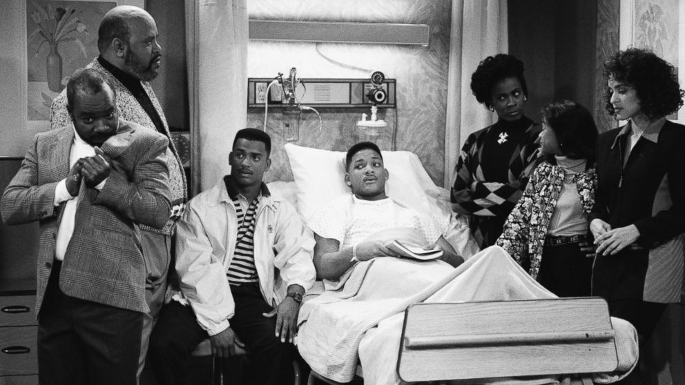 PHOTO: From the left, Joseph Marcell as Geoffrey, James Avery as Philip Banks, Alfonso Ribeiro as Carlton Banks, Will Smith as William 'Will' Smith, Janet Hubert as Vivian Banks, Tatyana Ali as Ashley Banks, Karyn Parsons in "The Fresh Prince of Bel-Air."