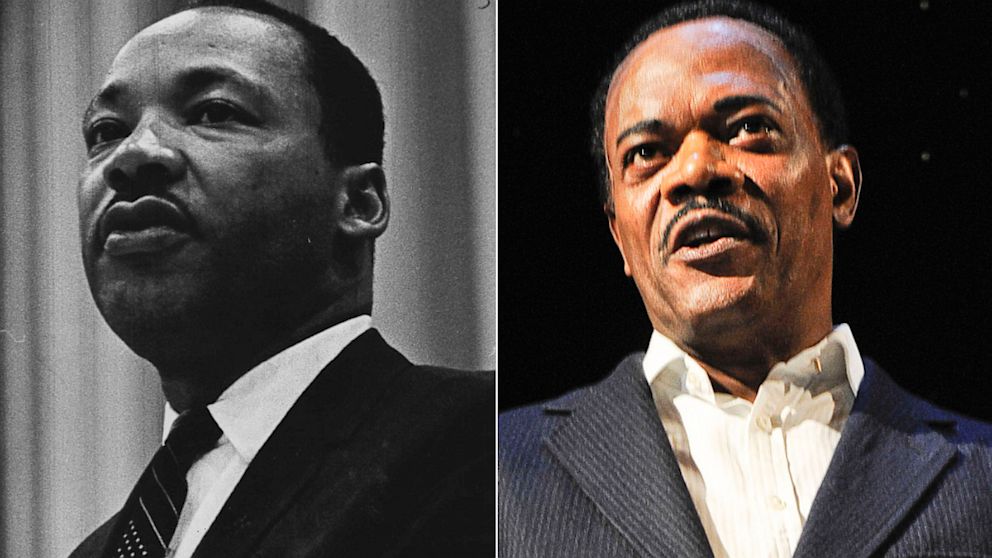 The Rev. Martin Luther King Jr. is seen in Denver in this May 18, 1967, file photo; Samuel L. Jackson portrayed King in "Mountaintop" at The Bernard B. Jacobs Theatre, Dec. 21, 2011, in New York City. 