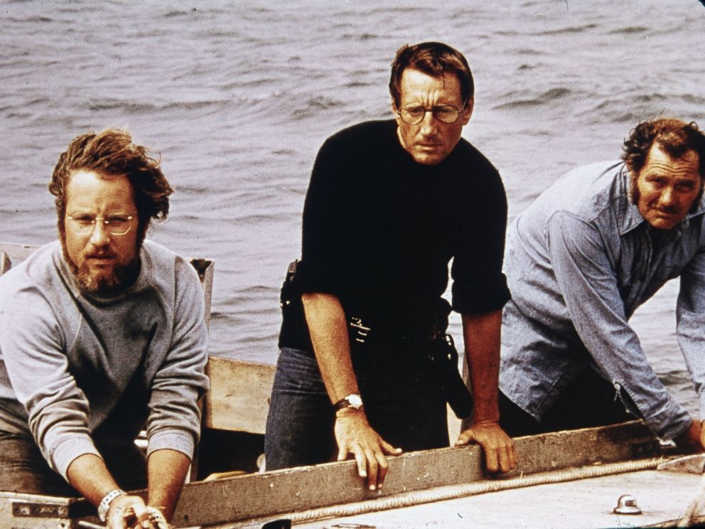 PHOTO: Richard Dreyfuss, Roy Scheider and Robert Shaw are seen on board a boat in a still from the film, "Jaws," directed by Steven Spielberg, 1975.