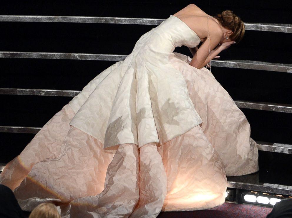PHOTO: Actress Jennifer Lawrence fell on the steps on her way to accepting her Oscar for the Best Actress for "Silver Linings Playbook" on Feb. 24, 2013, in Hollywood.