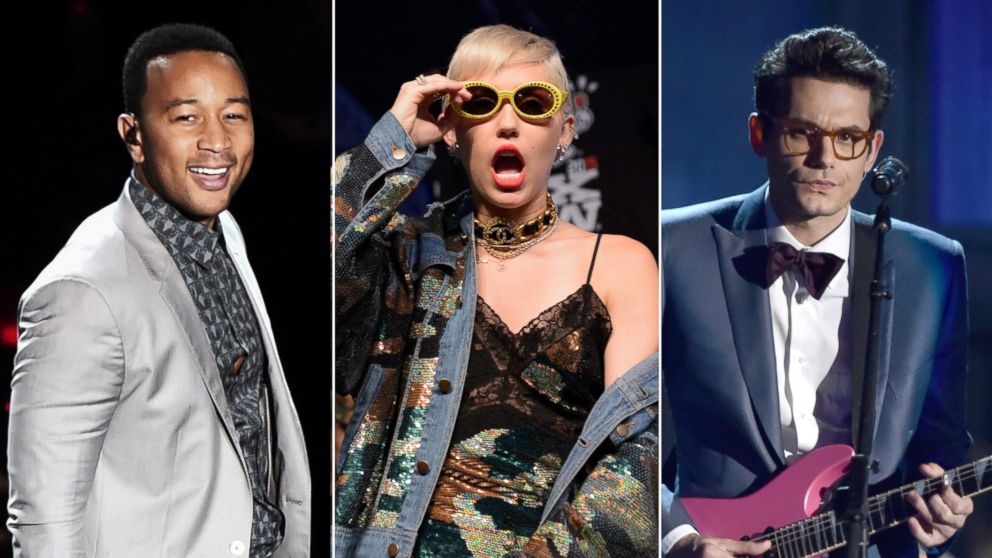John Legend performs in Bahrain on March 2, 2015, Miley Cyrus performs in Austin, Texas on March 19, 2015 and John Mayer performs in Los Angeles, Feb. 8, 2015.