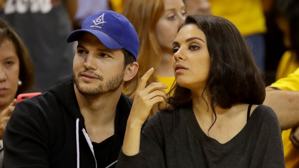 Ashton Kutcher and Mila Kunis attend a game of the 2016 NBA Finals between the Golden State Warriors and the Cleveland Cavaliers at Oracle Arena on June 5, 2016 in Oakland, California.