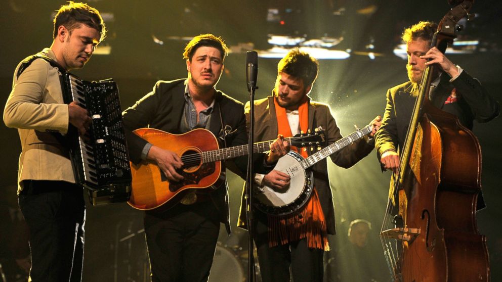 From the left, Ben Lovett, Marcus Mumford, 'Country' Winston Marshall and Ted Dwane of Mumford & Sons perform on Feb. 8, 2013 in Los Angeles.