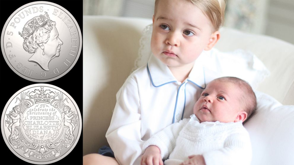 Images from The Royal Mint show the design for a commemorative coin to mark Princess Charlotte's christening and Prince George and Princess Charlotte are seen at Anmer Hall in mid-May, 2015 in Norfolk, England.