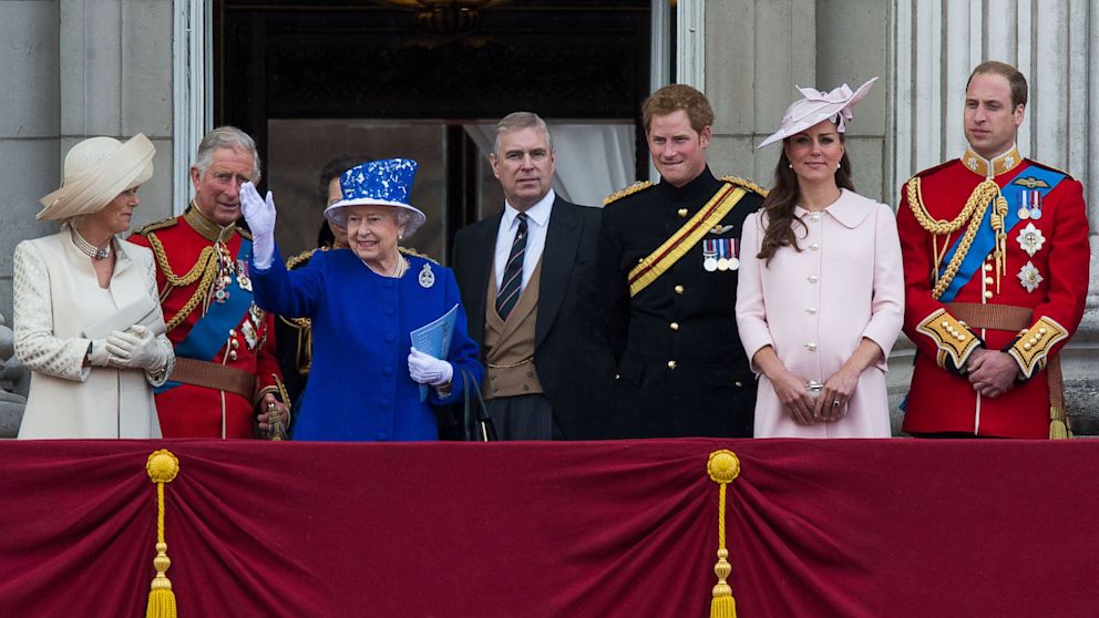 Camilla, Duchess of Cornwall, Prince Charles, Prince of Wales, Queen Elizabeth II, Prince Andrew, Duke of York, Prince Harry, Catherine, Duchess of Cambridge and Prince William, Duke of Cambridge stand on the balcony during the annual Trooping the Colour Ceremony at Buckingham Palace on June 15, 2013.