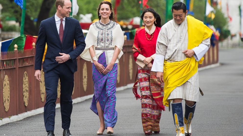 Prince William, Duke of Cambridge and Catherine, Duchess of Cambridge with King Jigme Khesar Namgyel Wangchuck and Queen Jetsun Pem at a ceremonial welcome and audience at TashichhoDong,  April 14, 2016, in Thimphu, Bhutan.  