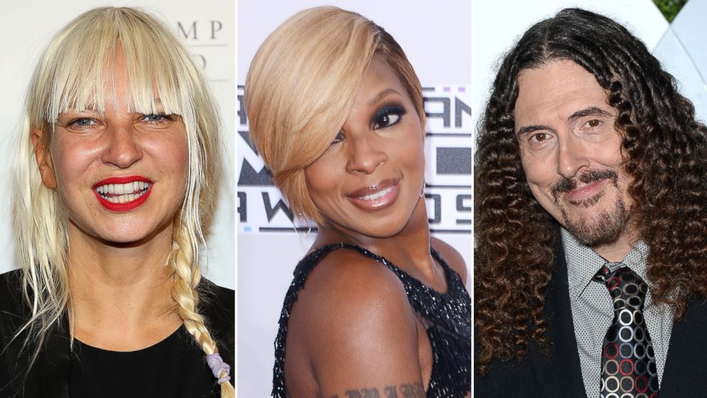 Sia is pictured in New York City on June 4, 2014, Mary J. Blige is seen in Los Angeles, Calif. on Nov. 23, 2014 and "Weird Al" Yankovic attends a party in Los Angeles, Calif. on Dec. 4, 2014.