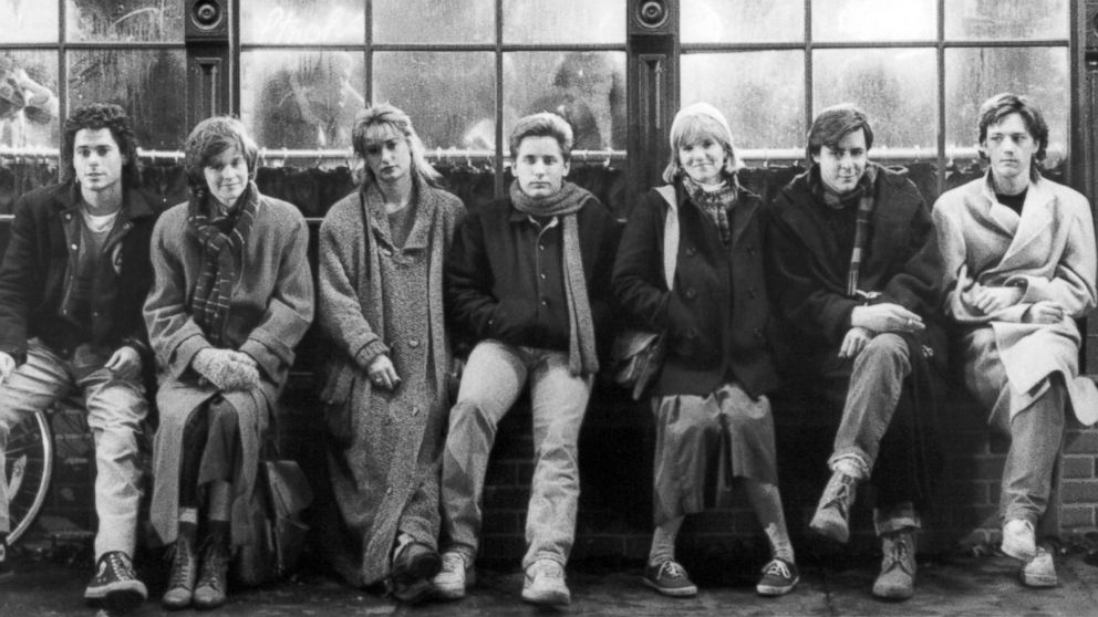 The cast of "St. Elmo's Fire," directed by Joel Schumacher, 1985. Left to right: Rob Lowe, Ally Sheedy, Demi Moore, Emilio Estevez, Mare Winningham, Judd Nelson and Andrew McCarthy.