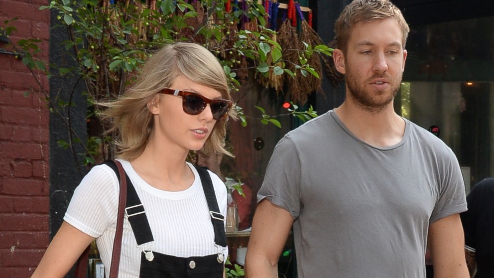 Singer Taylor Swift and Calvin Harris  coming out of  the spotted Pig in Soho on May 28, 2015 in New York City.