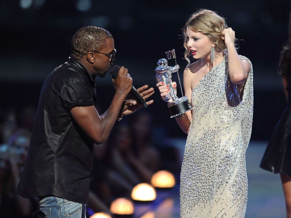 PHOTO: In this file photo, Kanye West takes the microphone from Taylor Swift and speaks onstage during the 2009 MTV Video Music Awards, Sept. 13, 2009, in New York City.