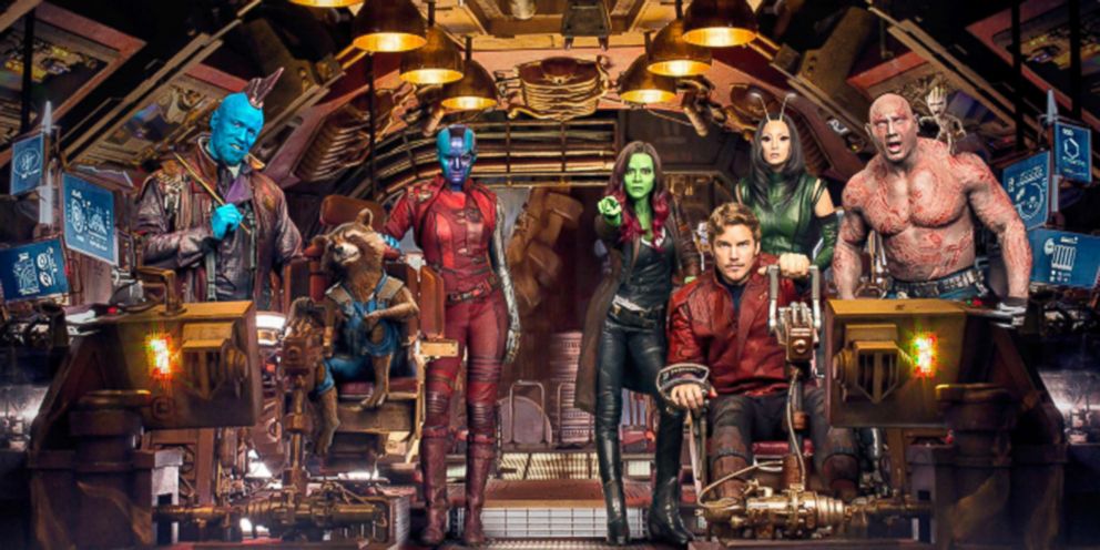 PHOTO: Vin Diesel, Bradley Cooper, Chris Pratt, Michael Rooker, Zoe Saldana, Dave Bautista, Karen Gillan, and Pom Klementieff pose for a cast photo for "Guardians of the Galaxy."