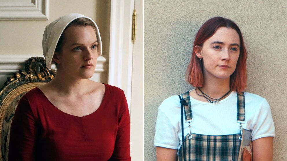 PHOTO: Pictured (L-R) are Elisabeth Moss as Offred in a scene from "The Handmaid's Tale" and Saoirse Ronan in a scene from "Lady Bird."