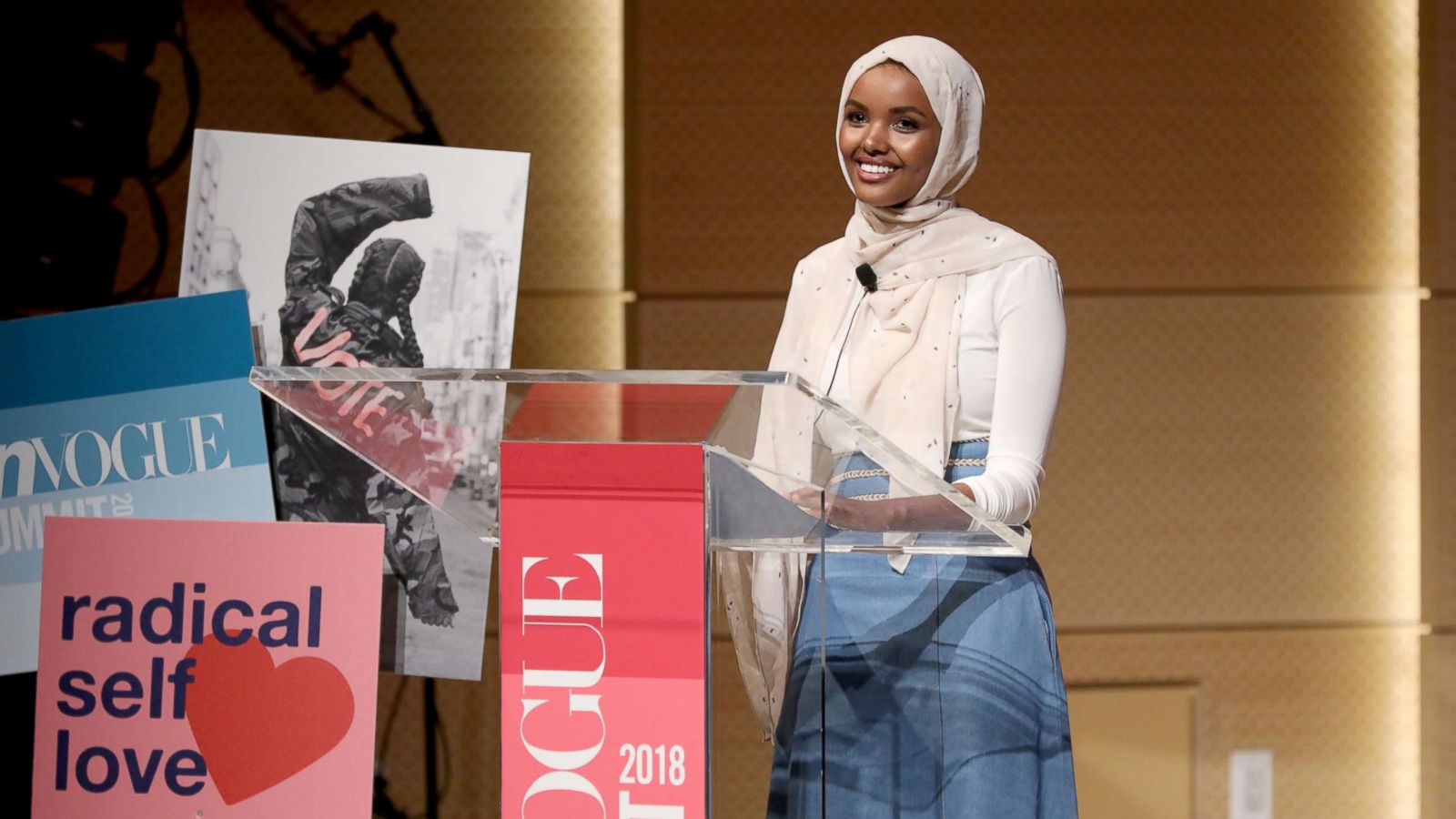 PHOTO: Halima Aden speaks onstage during Teen Vogue Summit 2018: #TurnUp - Day 2 at The New School, June 2, 2018, in New York.