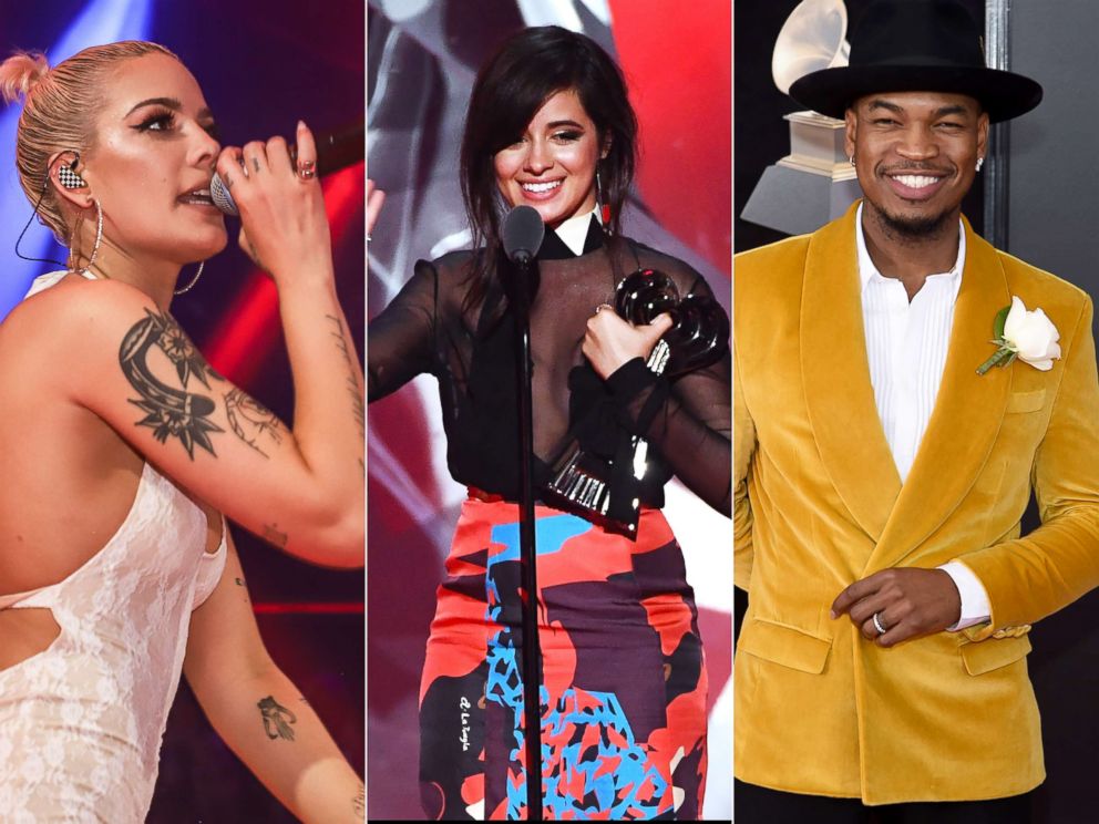 PHOTO: Halsey performs, March 24, 2018, in Miami.|Camila Cabello accepts the an award during the iHeartRadio Music Awards, March 11, 2018 in Inglewood, Calif.| Ne-Yo attends the Annual Grammy Awards, Jan. 28, 2018, in New York City.