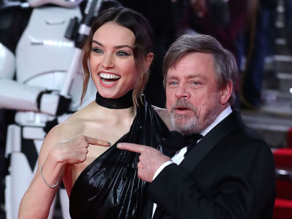 PHOTO: Daisy Ridley and Mark Hamil pose on the red carpet for the European Premiere of Star Wars: The Last Jedi at the Royal Albert Hall in London, Dec. 12, 2017.