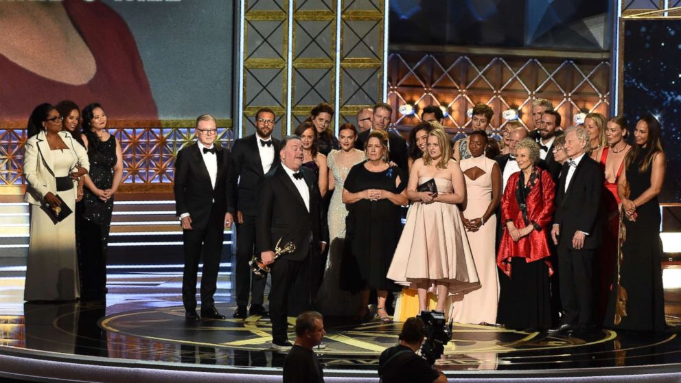 PHOTO: The cast and crew of "The Handmaid's Tale" accept the award for Outstanding Drama Series for "The Handmaid's Tale" onstage during the 69th Emmy Awards at the Microsoft Theatre on Sept. 17, 2017 in Los Angeles.