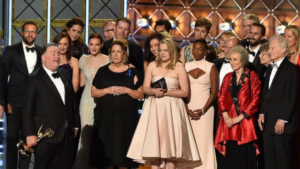 PHOTO: The cast and crew of "The Handmaid's Tale" accept the award for Outstanding Drama Series for "The Handmaid's Tale" onstage during the 69th Emmy Awards at the Microsoft Theatre on Sept. 17, 2017 in Los Angeles.