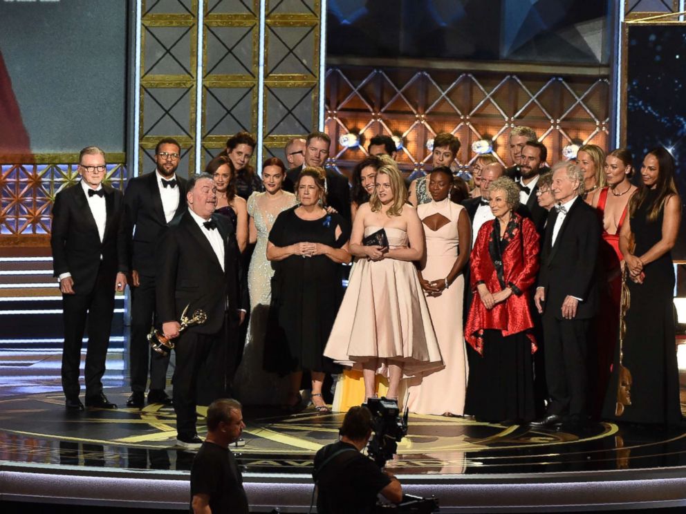 PHOTO: The cast and crew of The Handmaids Tale accept the award for Outstanding Drama Series for The Handmaids Tale onstage during the 69th Emmy Awards at the Microsoft Theatre on Sept. 17, 2017 in Los Angeles.