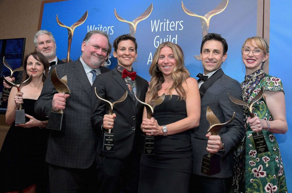 PHOTO: Writer-producer Bruce Miller and the writers of 'The Handmaid's Tale', winners of the Drama Series award, pose during the 2018 Writers Guild Awards L.A. Ceremony Feb. 11, 2018 in Beverly Hills.