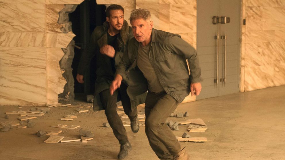 PHOTO: This image released by Warner Bros. Pictures shows Ryan Gosling, left, and Harrison Ford in a scene from "Blade Runner 2049."