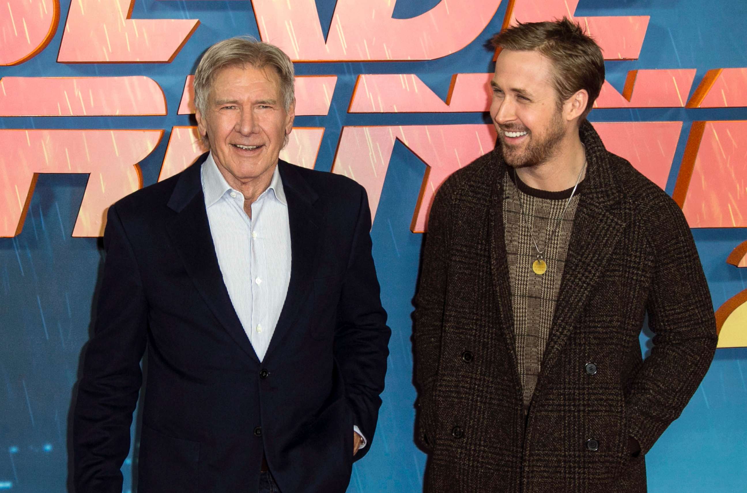 PHOTO: Harrison Ford and Ryan Gosling pose for photographers during the photo call for "Blade Runner 2049" in London, Sept. 21, 2017. 