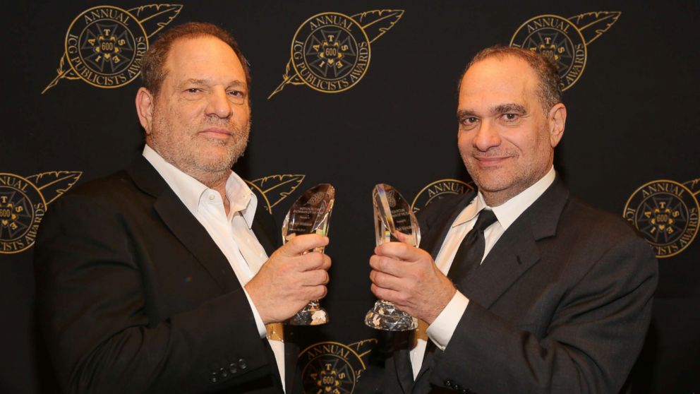 Harvey Weinstein (L) and Bob Weinstein pose with the Motion Picture Showmanship Award backstage at the 52nd Annual ICG Publicists Awards at The Beverly Hilton Hotel, Feb. 20, 2015 in Beverly Hills, Calif. 