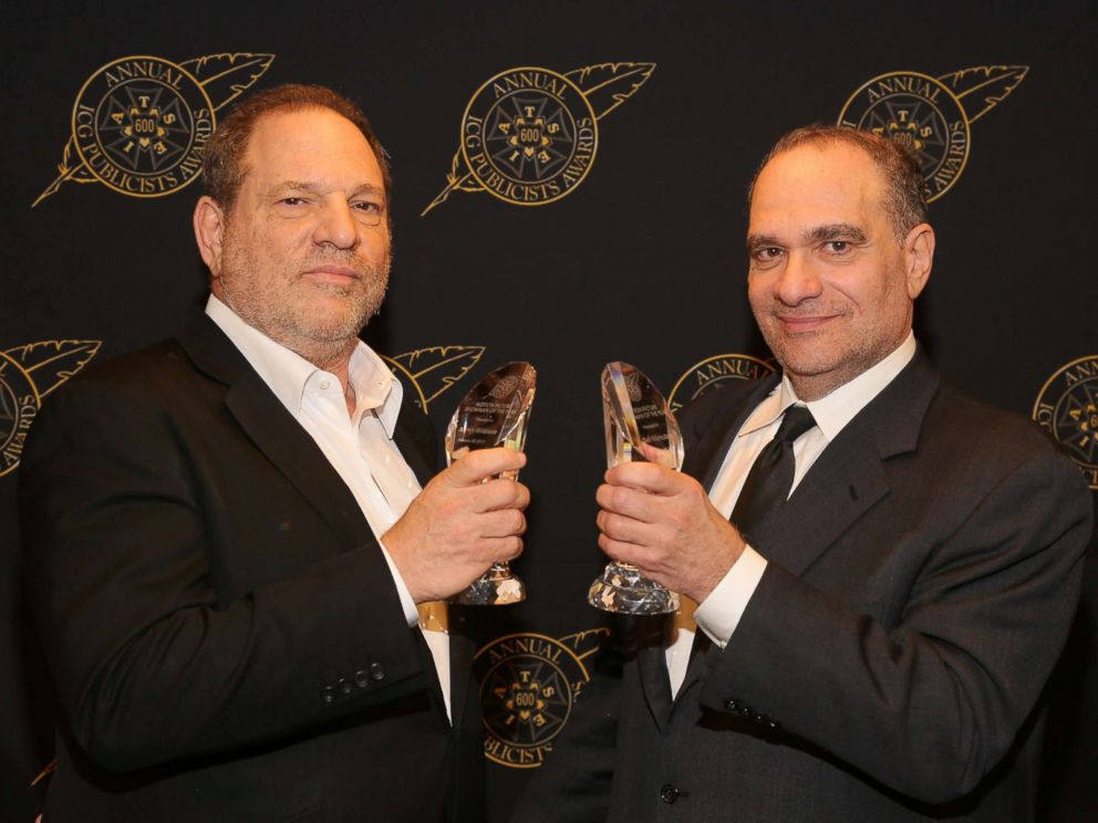 PHOTO: Harvey Weinstein (L) and Bob Weinstein pose with the Motion Picture Showmanship Award backstage at the 52nd Annual ICG Publicists Awards at The Beverly Hilton Hotel, Feb. 20, 2015 in Beverly Hills, Calif.