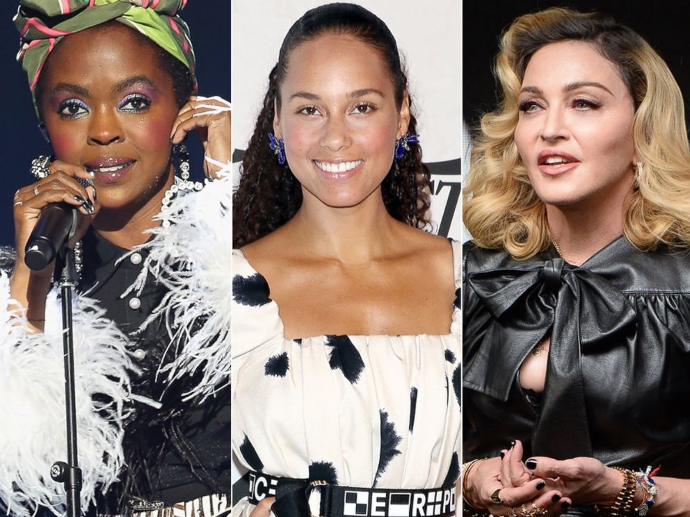 PHOTO: Lauryn Hill at the Rock & Roll Hall of Fame Induction Ceremony, April 14, 2018, in Cleveland, Ohio | Alicia Keys at Cipriani Wall Street, April 13, 2018, in New York City | Madonna at Ludlow House, Sept. 26, 2017, in New York City.