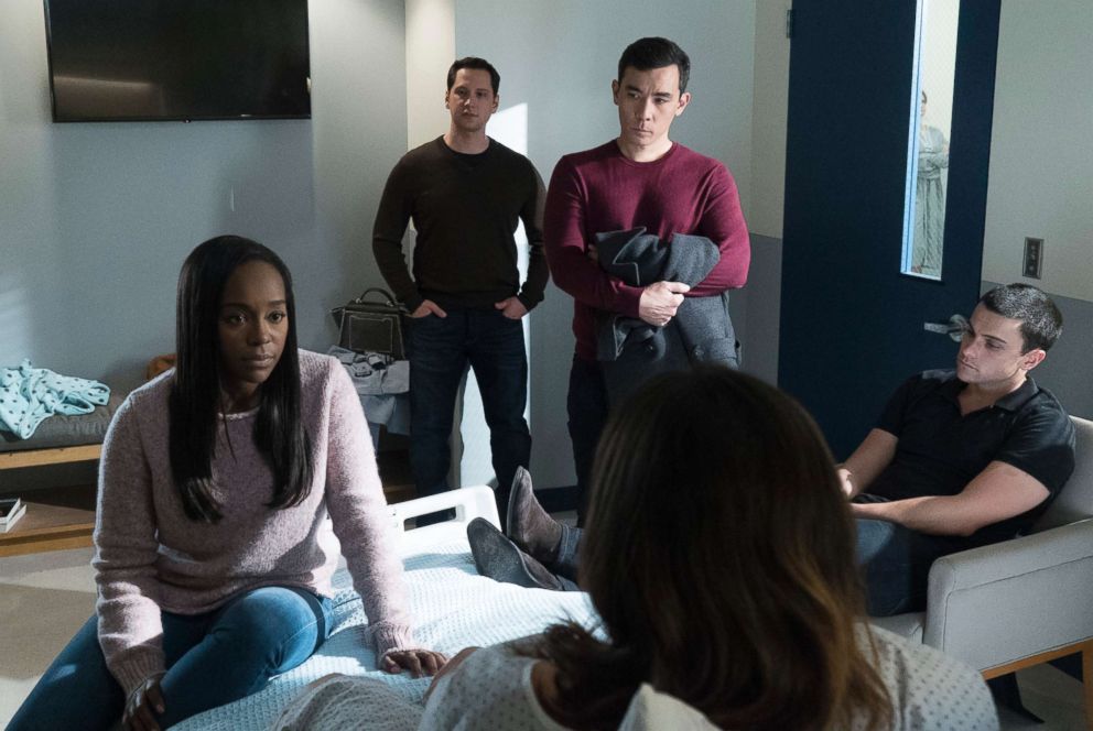 PHOTO: Aja Naomi King, left, Matt McGorry, Conrad Ricamora, Jack Falahee, and Karla Souza in a scene from "How to Get Away with Murder."