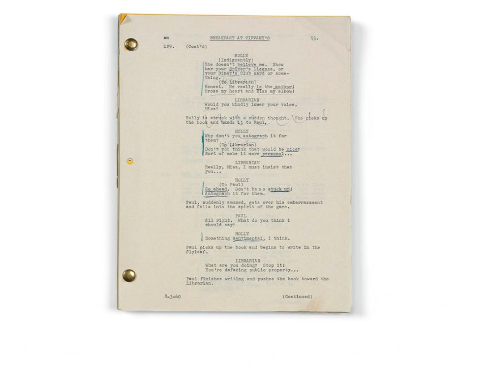 PHOTO: Audrey Hepburns working script for the 1961 Paramount production Breakfast at Tiffanys, dated August 3, 1960.